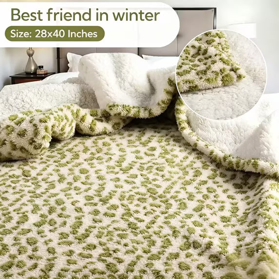 SUNNY HEAT Leopard Print Bed Blanket 28×40 Inches, Breathable Cozy Microplush, for Bed Sofa Couch Recliner, for Pet Dog Cats, All Seasons Use, Leopard Green White