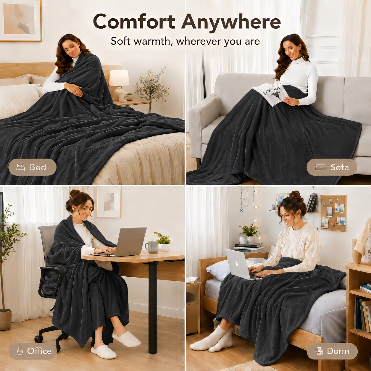 SUNNY HEAT Electric Heated Blanket Flannel 72" x 84" Full Size-4 Heating Settings & 10 Hours Auto off, Warm Machine Washable- Dark Grey