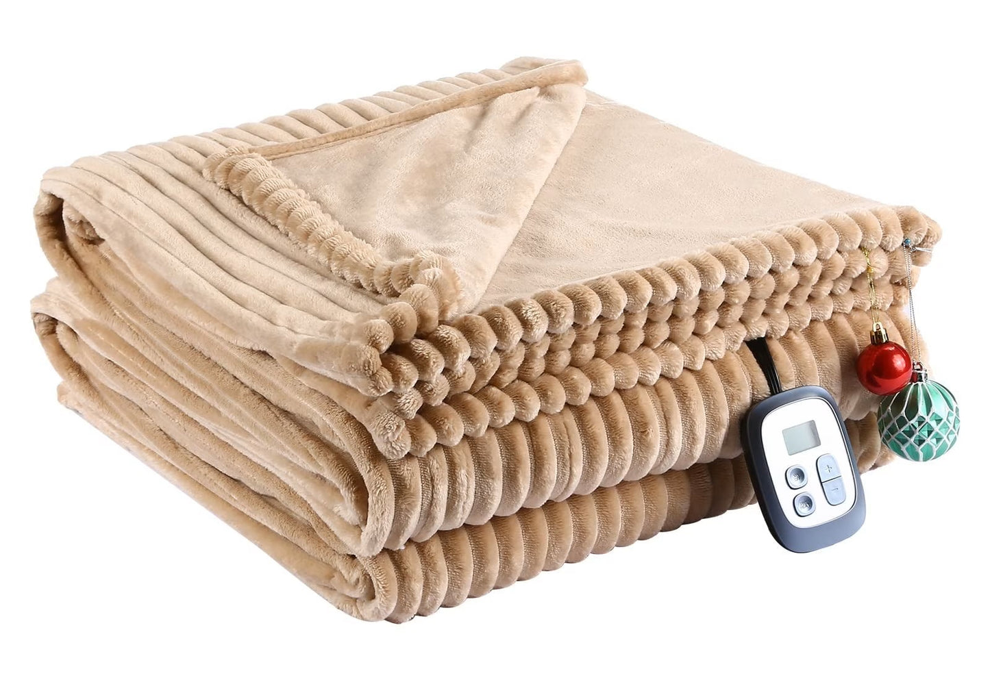 SUNNY HEAT Heated Electric Blanket Ribbed Flannel 72"x84" Full Size - 10 Heating Settings & 2/4/6/8/10/12 Hours Auto off, Thick and Warm Washable - Brown