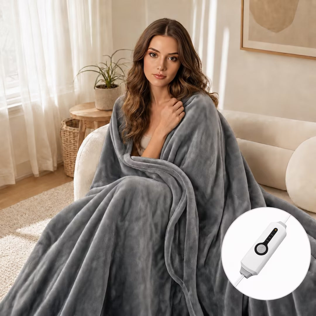 SUNNY HEAT Electric Heated Blanket Flannel 72" x 84" Full Size-4 Heating Settings &amp; 10 Hours Auto Off, Warm Machine Washable- Light Gray