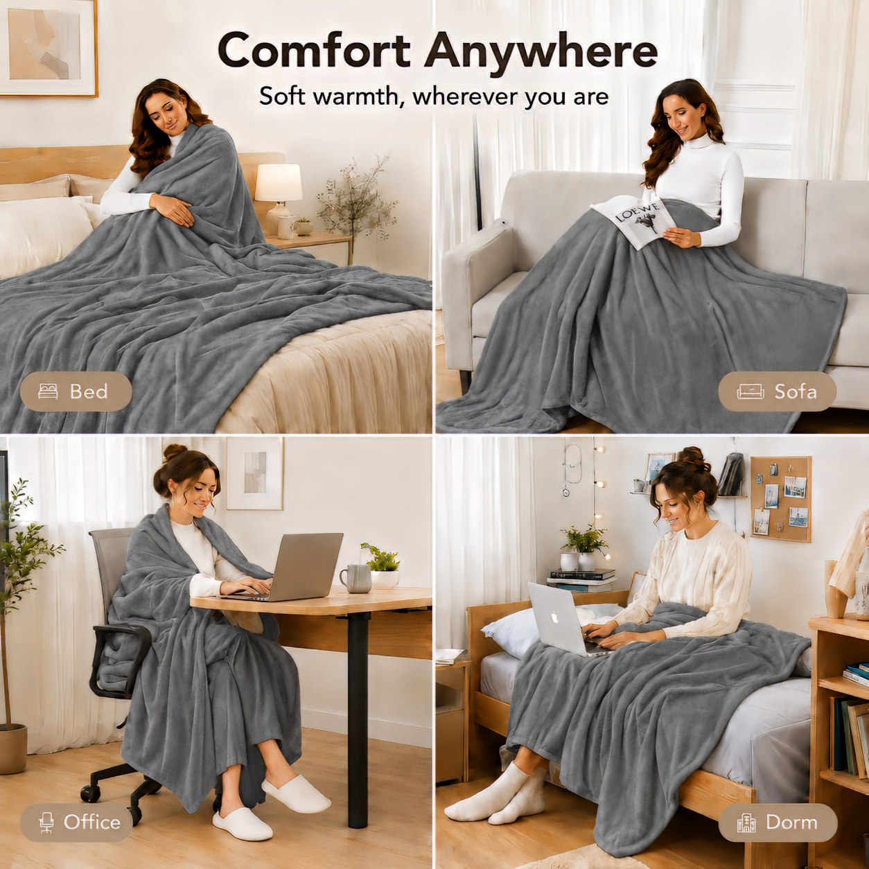SUNNY HEAT Electric Heated Blanket Flannel 72" x 84" Full Size-4 Heating Settings &amp; 10 Hours Auto Off, Warm Machine Washable- Light Gray