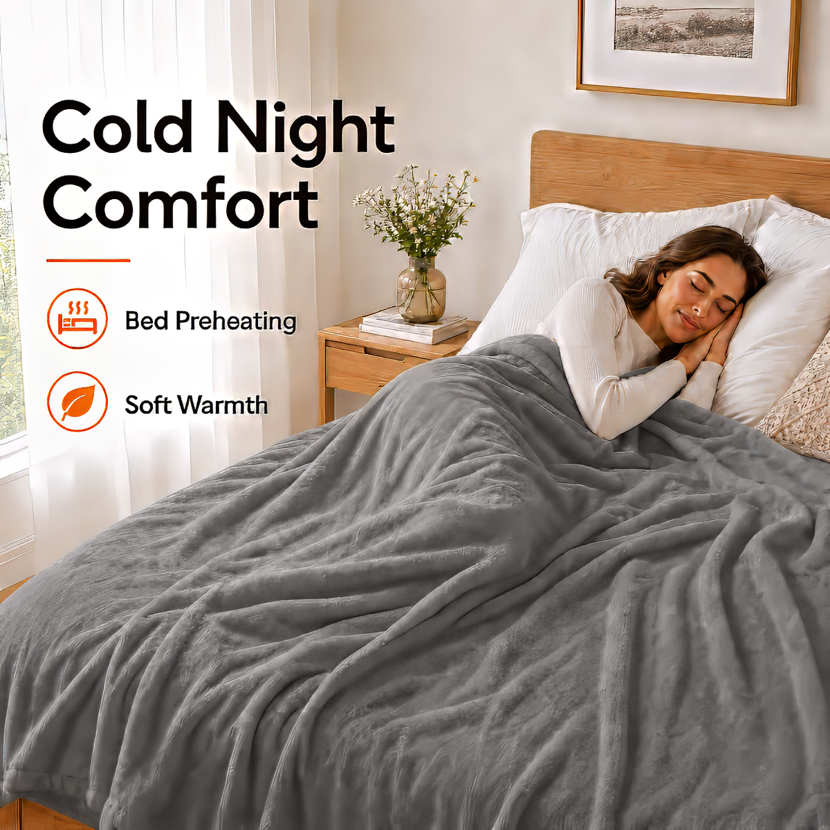 SUNNY HEAT Electric Heated Blanket Flannel 72" x 84" Full Size-4 Heating Settings &amp; 10 Hours Auto Off, Warm Machine Washable- Light Gray