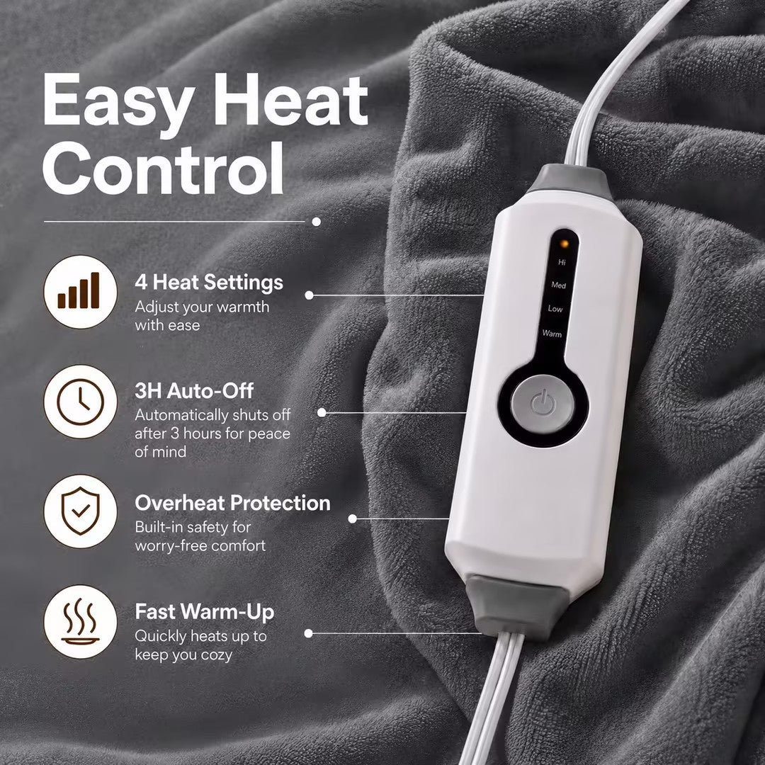 SUNNY HEAT Electric Heated Blanket Flannel 72" x 84" Full Size-4 Heating Settings &amp; 10 Hours Auto Off, Warm Machine Washable- Light Gray
