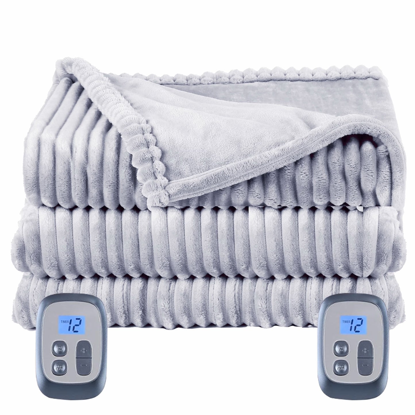 SUNNY HEAT Heated Electric Blanket Ribbed Flannel 84"x90" Queen Size - 10 Heating Settings & 2/4/6/8/10/12 Hours Auto off, Quick Heating Washable - Light Grey