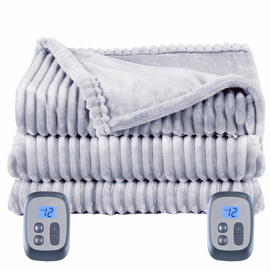 SUNNY HEAT Heated Electric Blanket Ribbed Flannel 84"x90" Queen Size - 10 Heating Settings & 2/4/6/8/10/12 Hours Auto off, Quick Heating Washable - Light Grey
