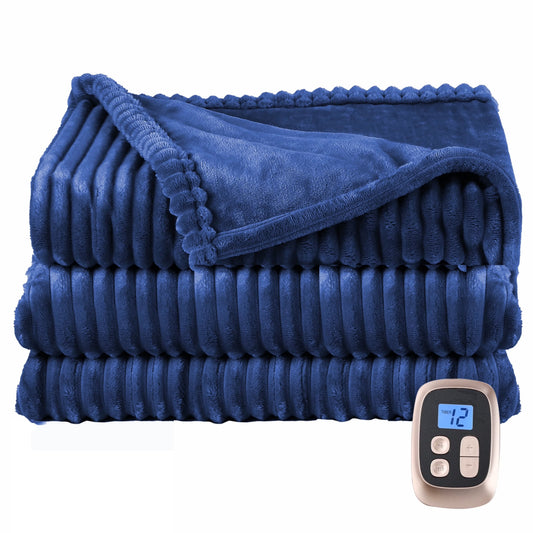 SUNNY HEAT Heated Electric Blanket Soft Flannel Full Size 72" x 84", Fast Heat, 10 Heating Settings & 12 Hours Auto Shut-off, Dark Blue