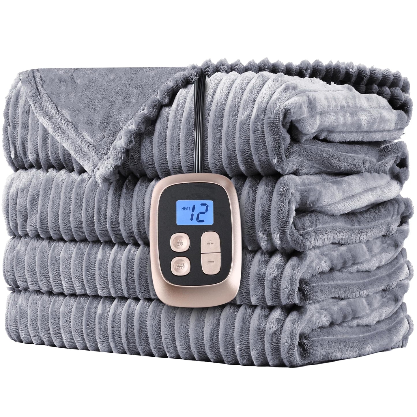 SUNNY HEAT Heated Electric Blanket Soft Flannel Twin Size 62" x 84", Fast Heat, 10 Heating Settings & 12 Hours Auto Shut-off, Grey