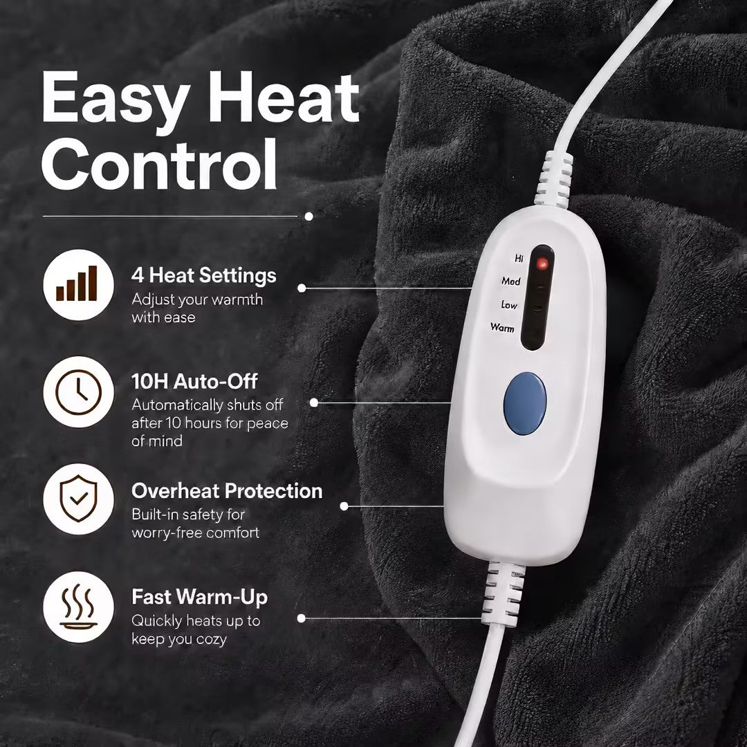 SUNNY HEAT Electric Heated Blanket Flannel 72" x 84" Full Size-4 Heating Settings & 10 Hours Auto off, Warm Machine Washable- Dark Grey