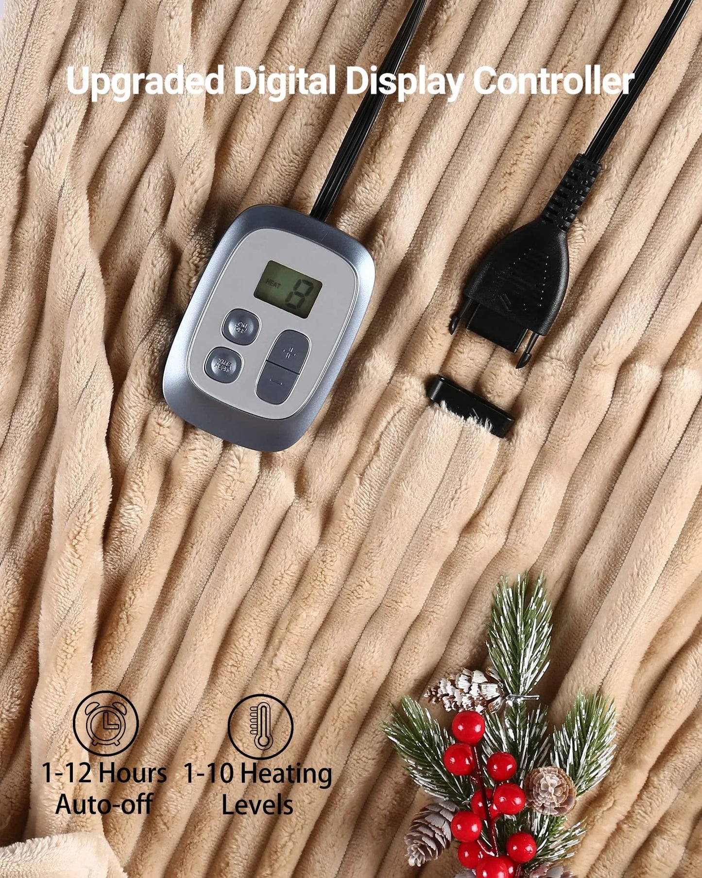 SUNNY HEAT Heated Electric Blanket Ribbed Flannel 72"x84" Full Size - 10 Heating Settings & 2/4/6/8/10/12 Hours Auto off, Thick and Warm Washable - Brown