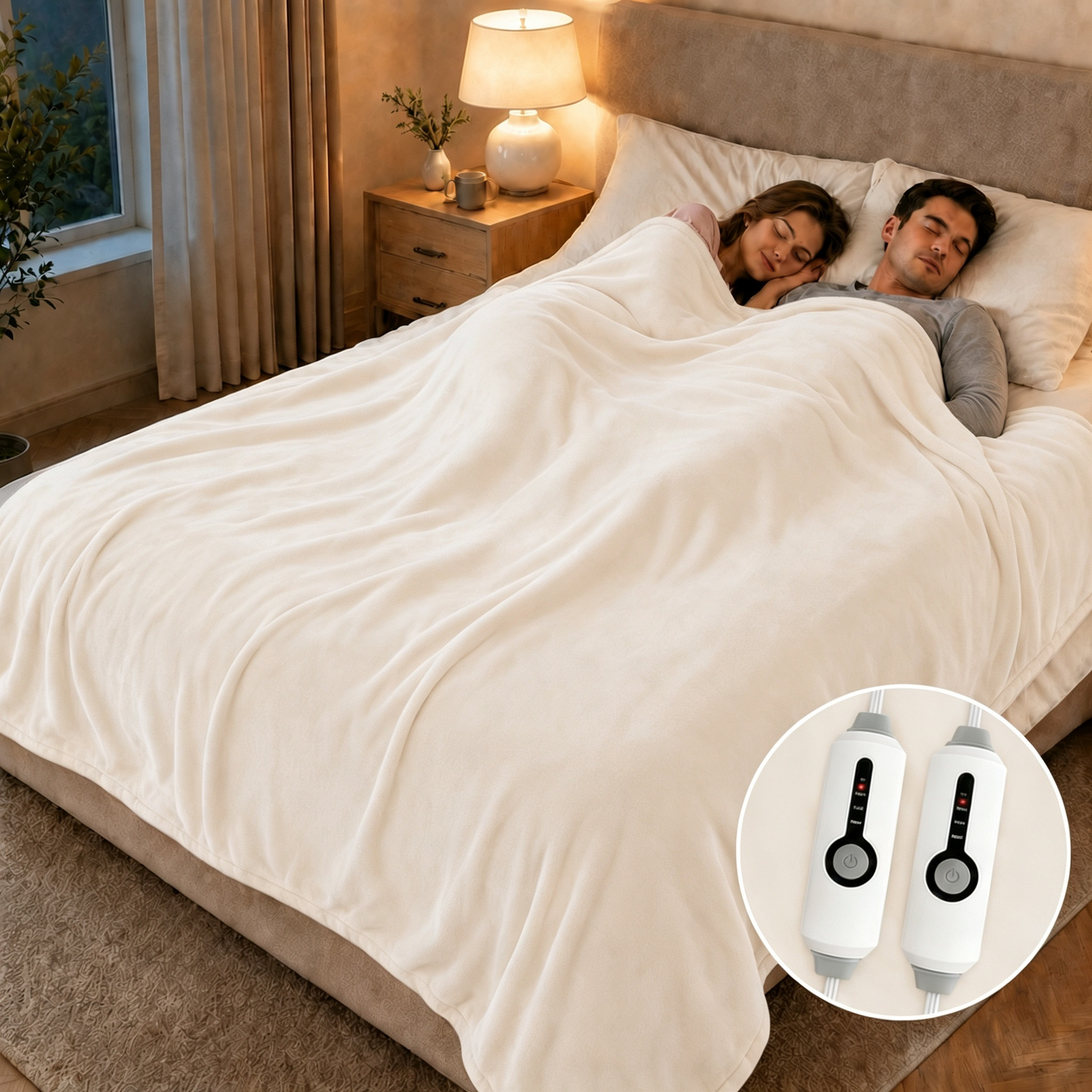 SUNNY HEAT Electric Heated Blanket Flannel 84" x 90" Queen Size-4 Heating Settings & 10 Hours Auto Off, Cozy Machine Washable-White
