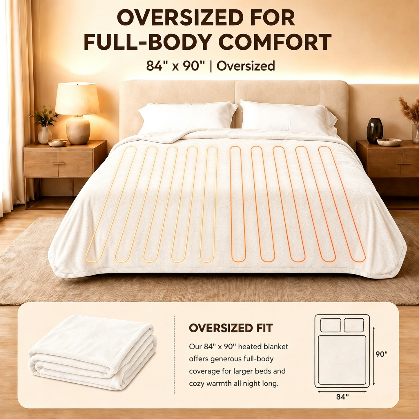 SUNNY HEAT Electric Heated Blanket Flannel 84" x 90" Queen Size-4 Heating Settings & 10 Hours Auto Off, Cozy Machine Washable-White