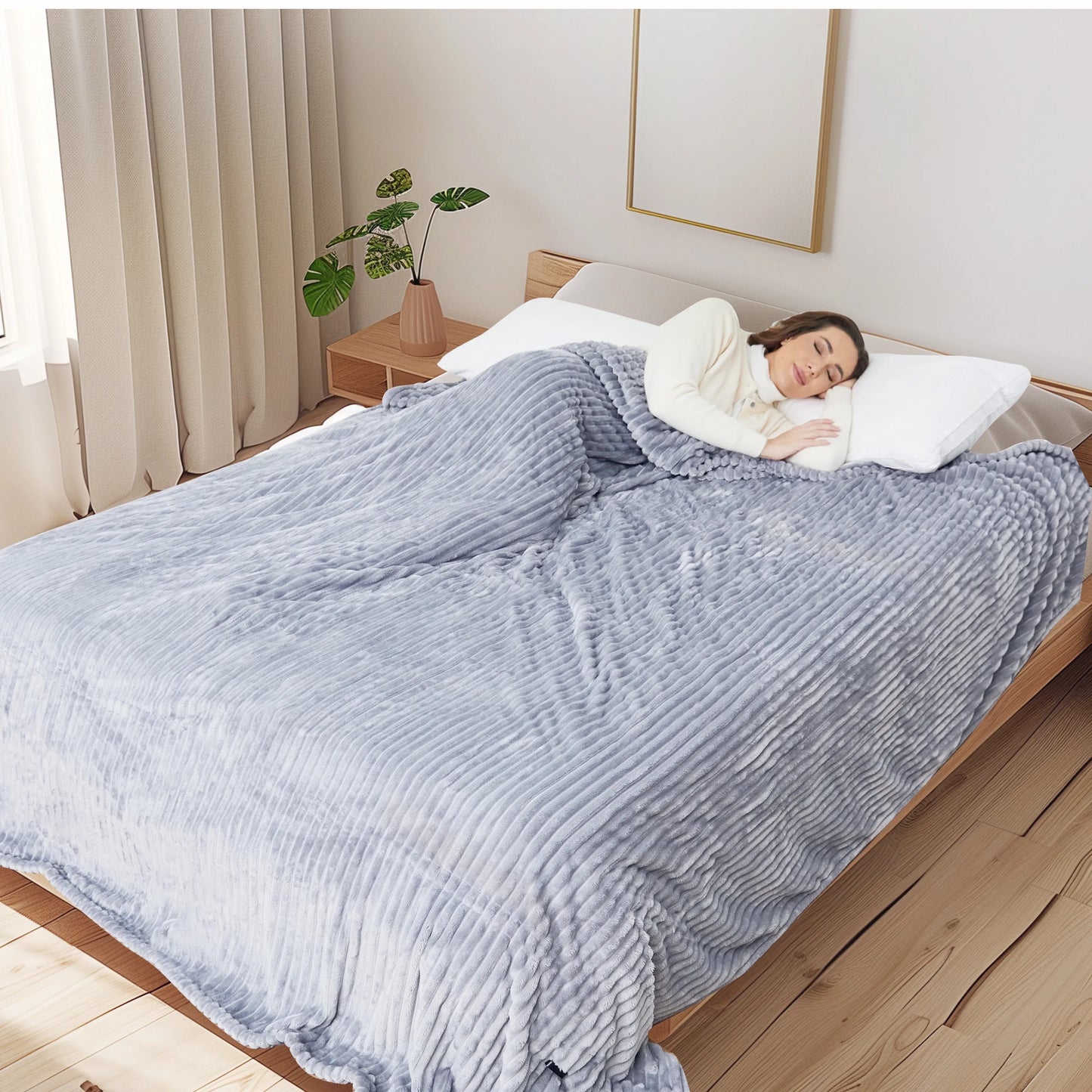 SUNNY HEAT Heated Electric Blanket Ribbed Flannel 84"x90" Queen Size - 10 Heating Settings & 2/4/6/8/10/12 Hours Auto off, Quick Heating Washable - Light Grey