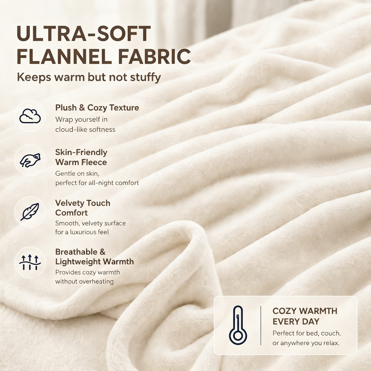 SUNNY HEAT Electric Heated Blanket Flannel 84" x 90" Queen Size-4 Heating Settings & 10 Hours Auto Off, Cozy Machine Washable-White