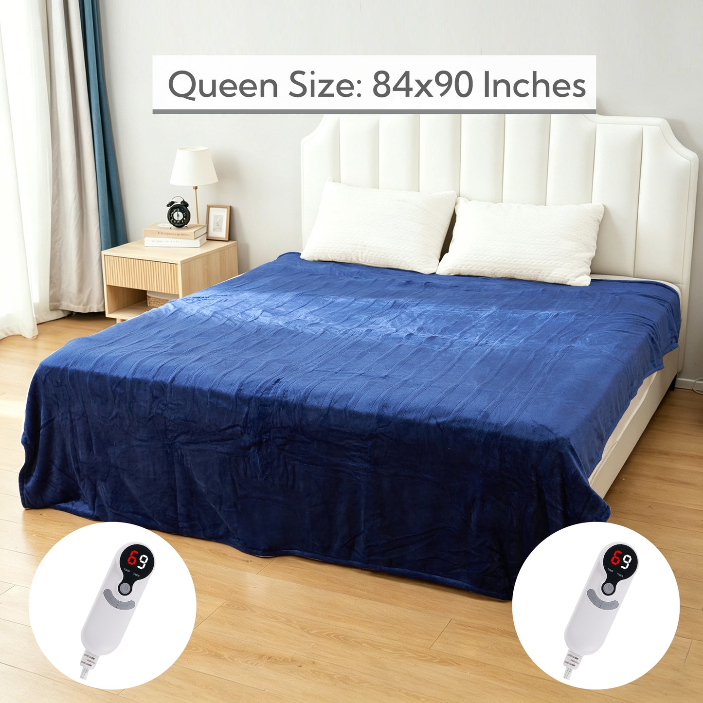 SUNNY HEAT Electric Heated Blanket Queen Size 84" x 90" Soft Flannel with 9 Levels Heating & 10Hs Auto off, Dual Controllers, Machine Washable, Navy Blue