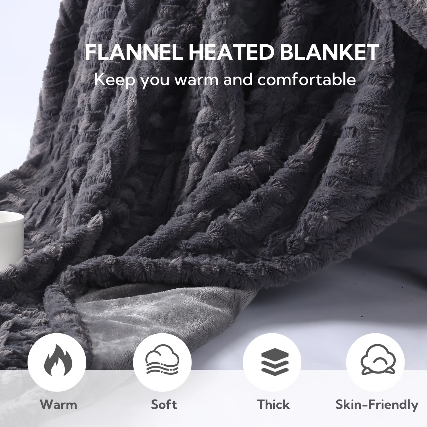 SUNNY HEAT Low Wattage Electric Heated Blanket, 50'' x 60'' Flannel, Soft and Lightweight, Light Grey