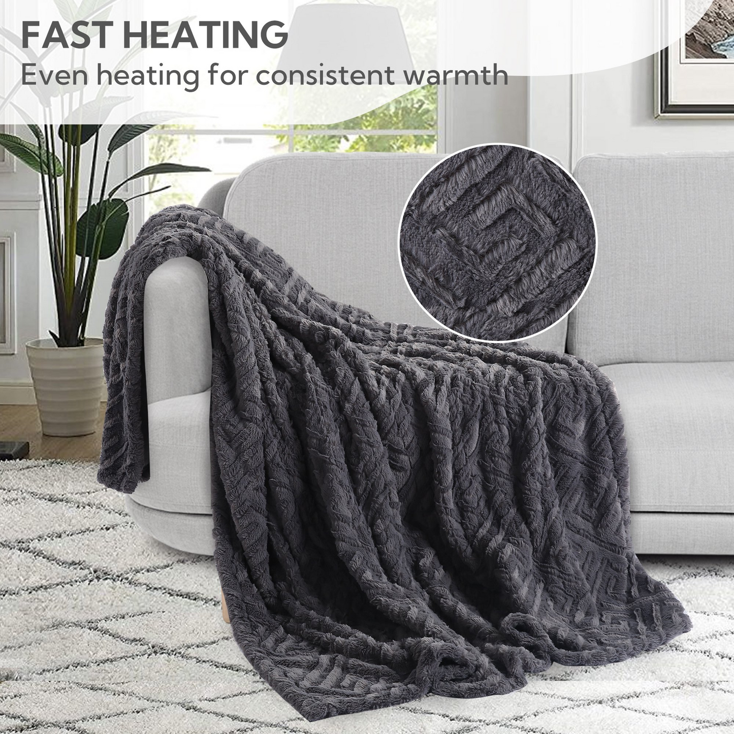 SUNNY HEAT Low Wattage Electric Heated Blanket, 50'' x 60'' Flannel, Soft and Lightweight, Light Grey