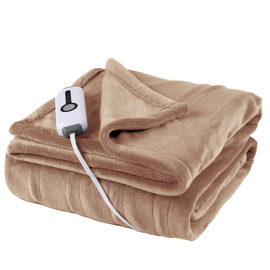 Heated Blanket 50 x 60 Inches Double Sided Extremely Soft Flannel Electric Throw Machine Washable Fast Heating with 4 Heating Levels & 3 Hours Auto Off, Home Office Use, Light Brown