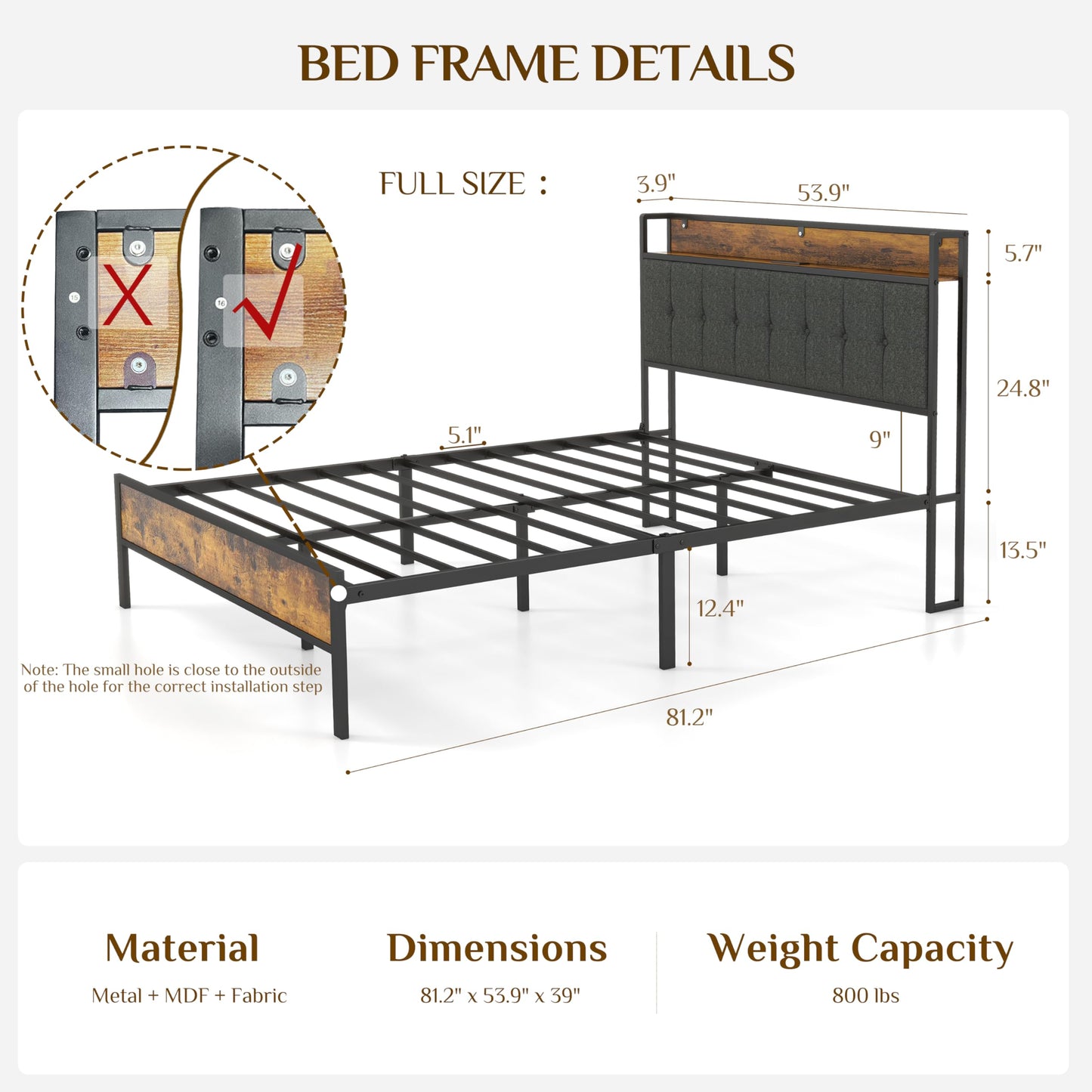 Full Size Platform Bed Frame with Upholstered Headboard, USB Ports Charging Station, No Box Spring Needed, Strong Support & Noise Free, Easy Assembly