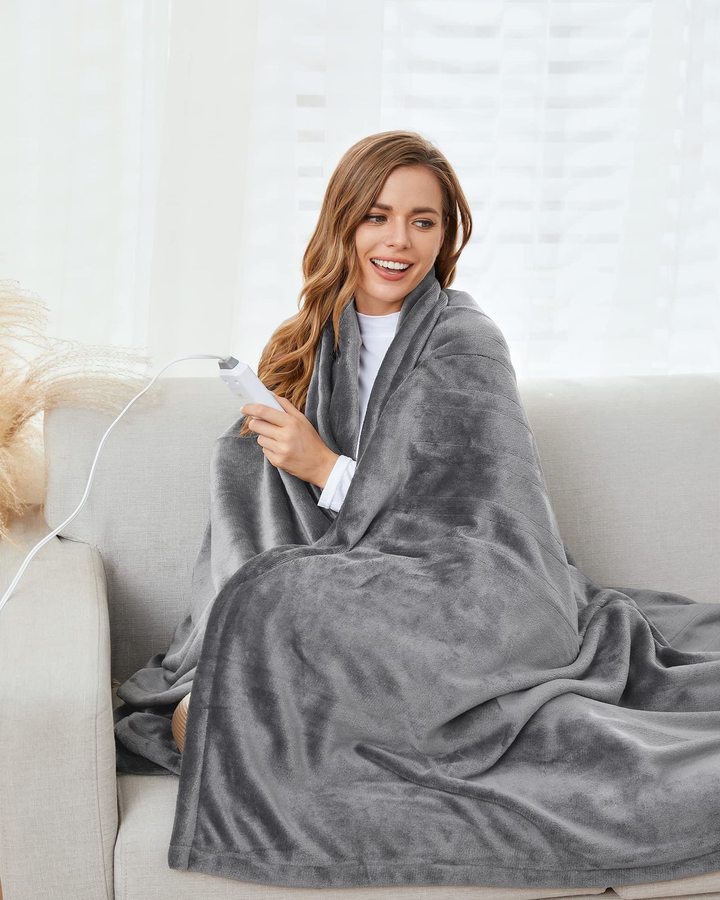 Electric Heated Blanket Throw 50" x 60" Machine Washable with 4 Fast Heating Levels & 3 Hours Auto Off Overheat Protection ETL Certified Super Cozy Soft Flannel Heating Throw for Home Couch Light Grey